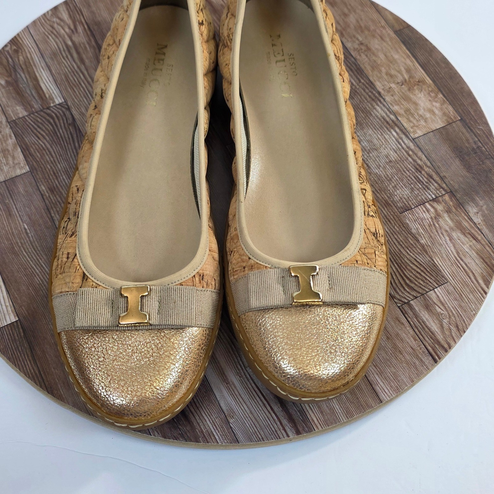 Sesto Meucci Ballet Flats Womens 10N Gold Cork Quilted Bow Metallic Toe