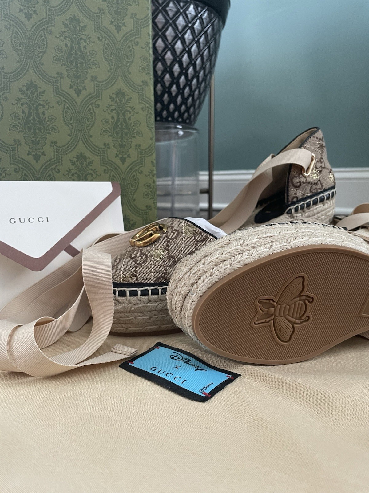 Gucci Disney Women’s Suede GG Logo Espadrille Wedge Sandals Tie, US 10