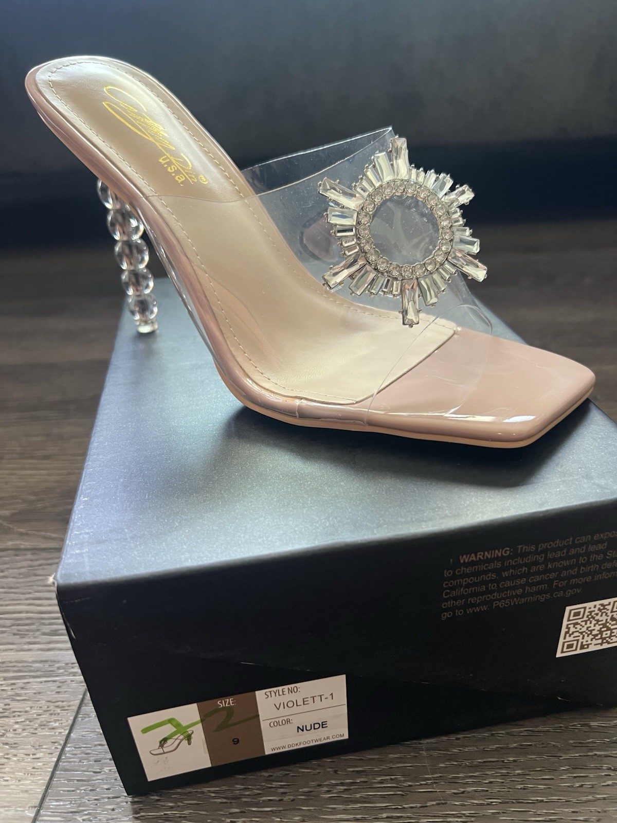 DBDK Women’s 9 Nude Plastic Clear Strap Rhinestone Square Toe Slip-On Mule Heels