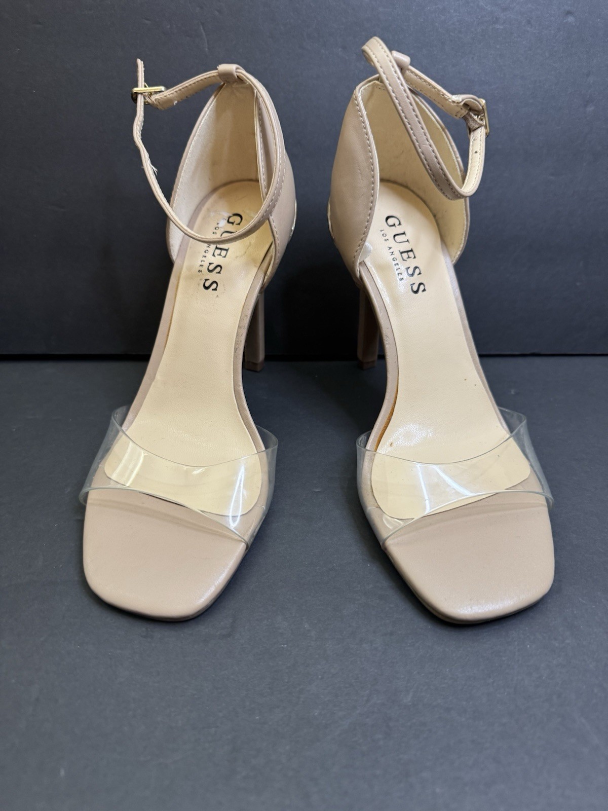 GUESS Women’s Nude Clear Strap Heels Size 6 Ankle Strap Sandals Square Toe