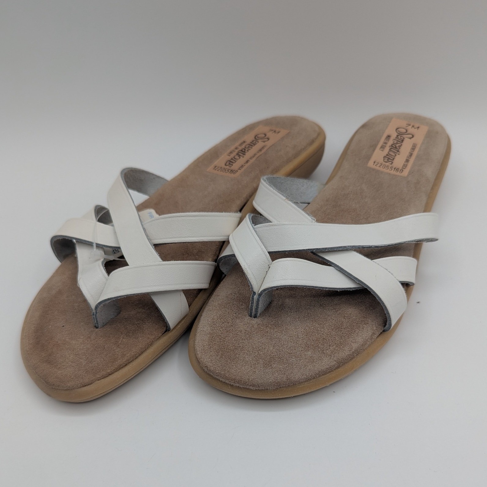 Sensations White Leather Strappy Slide Sandals Made in Italy Flat 508-8 WHT 7M