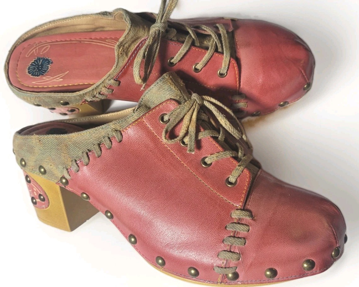 Funky CrazycatZ Dark Pink Leather Lace Up Boho Patchwork Clogs Shoes 41 10 70s