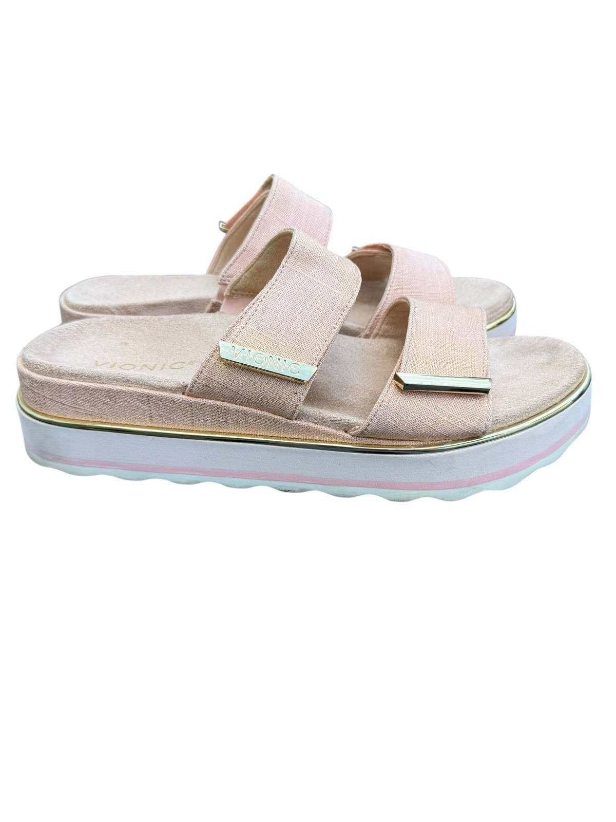 Vionic Brandie Slip On Slide Sandals Platform Roze Metallic Linen Womens Sz 11