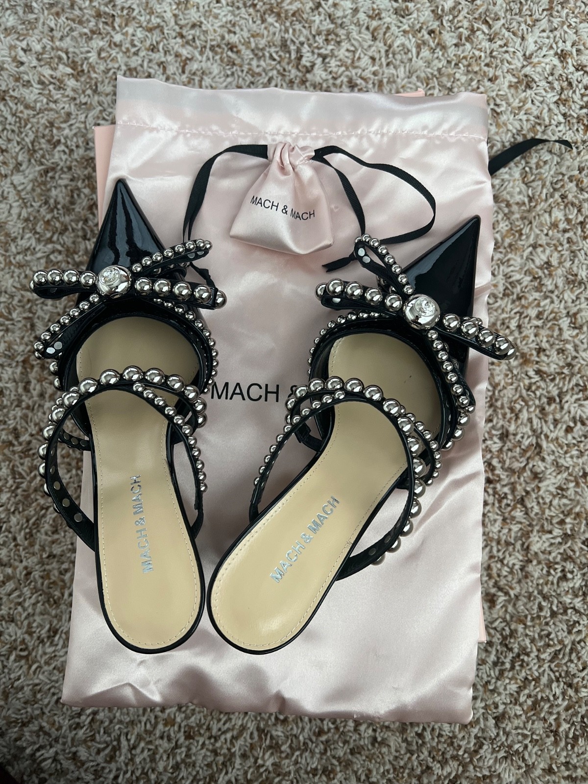 Mach & Mach Black Patent Leather Mules, Sz 37. BNIB. Stunning and Sparkly