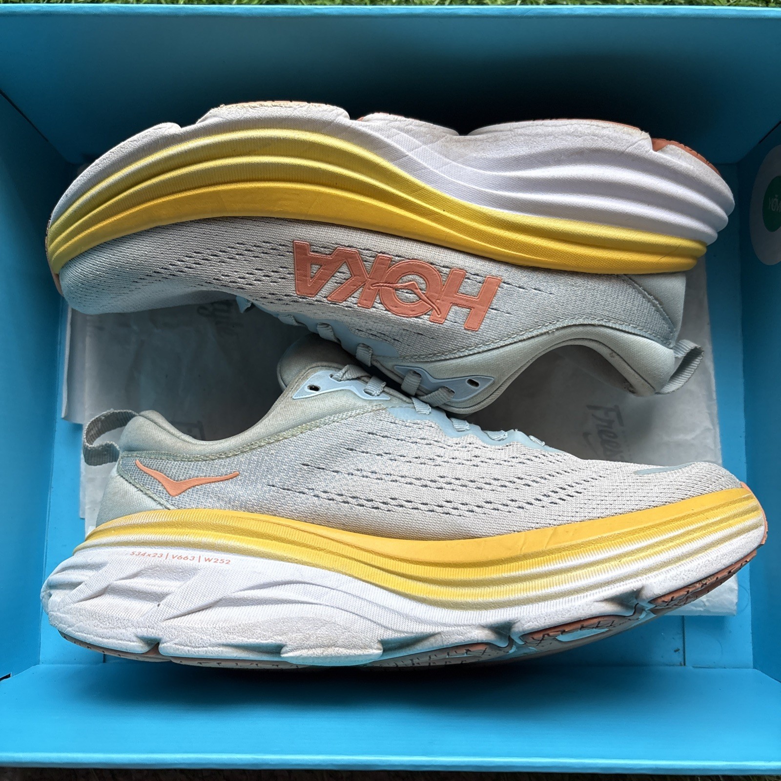 Hoka One Bondi 8 Blue/Yellow Running Athletic Sneaker Women’s Size 7 B
