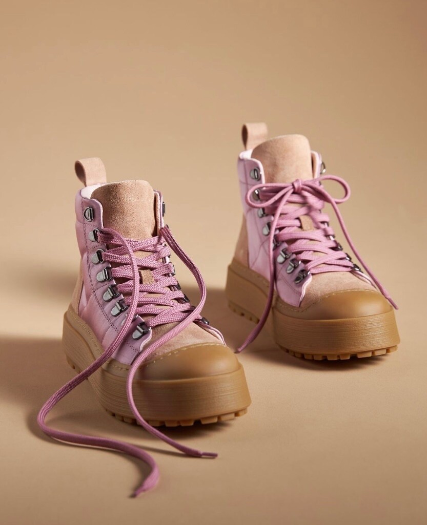 Anthropologie Maeve Hiker Boot Pink Satin Tan Suede Rubber Lace Up 40/ 9-9.5 NEW