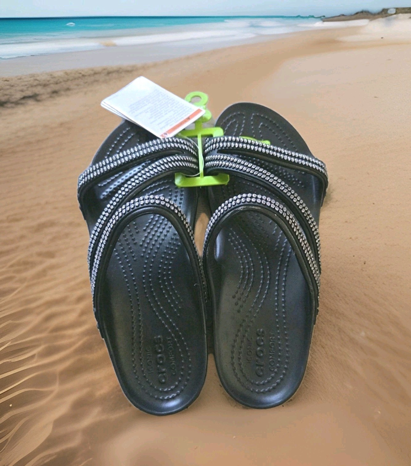 NWT Size 8 Crocs Black Getaway Gems Strappy Womens Sandals Shoes Slide On