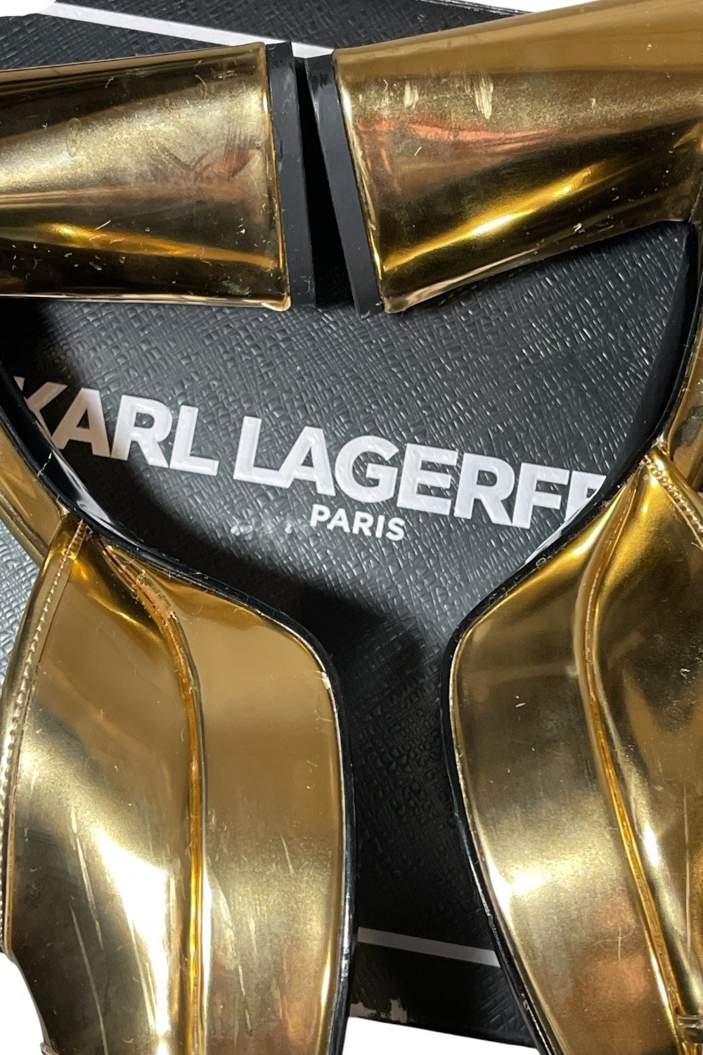 Karl Lagerfeld Gold Strappy Open Toe Ankle Strap Buckle Block Heel US 7.5