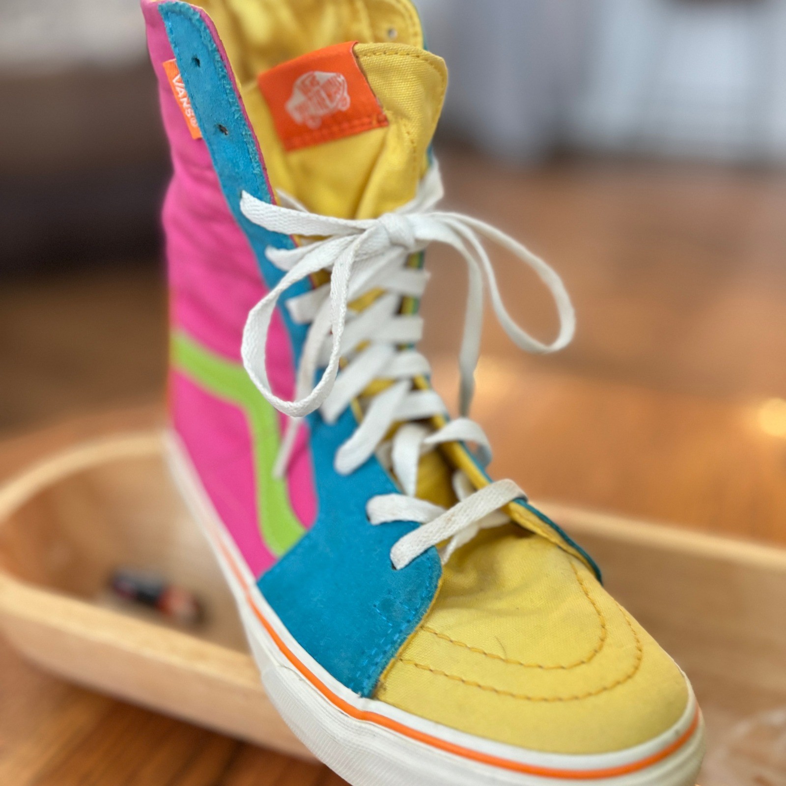 Vans Sk8-Hi Extra High Top Sneakers, Color Block Neon Pink Green Yellow Blue