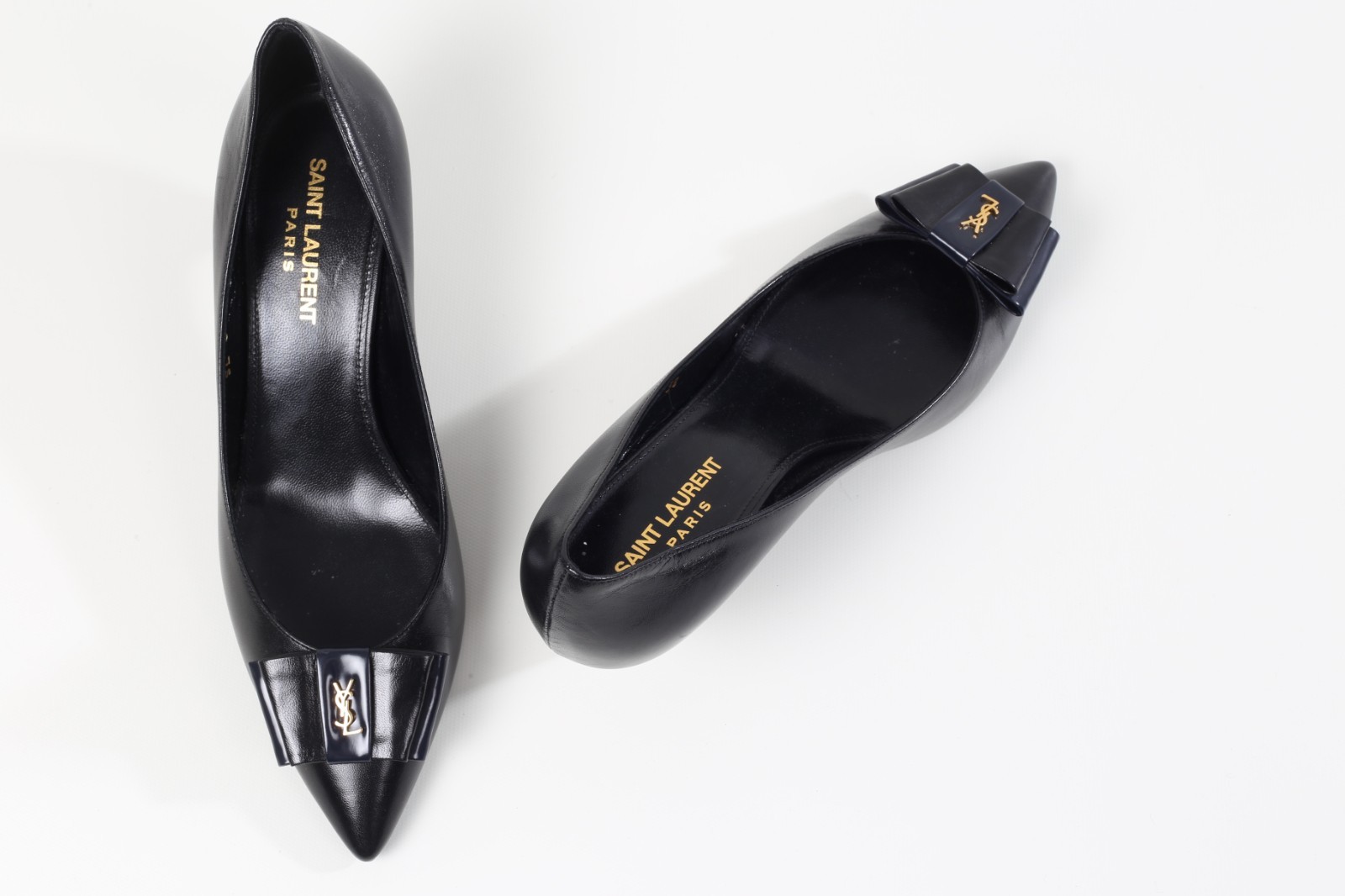 Saint Laurent Anais Logo Black Leather Bow Pumps Heels Designer EU Size 38 YSL