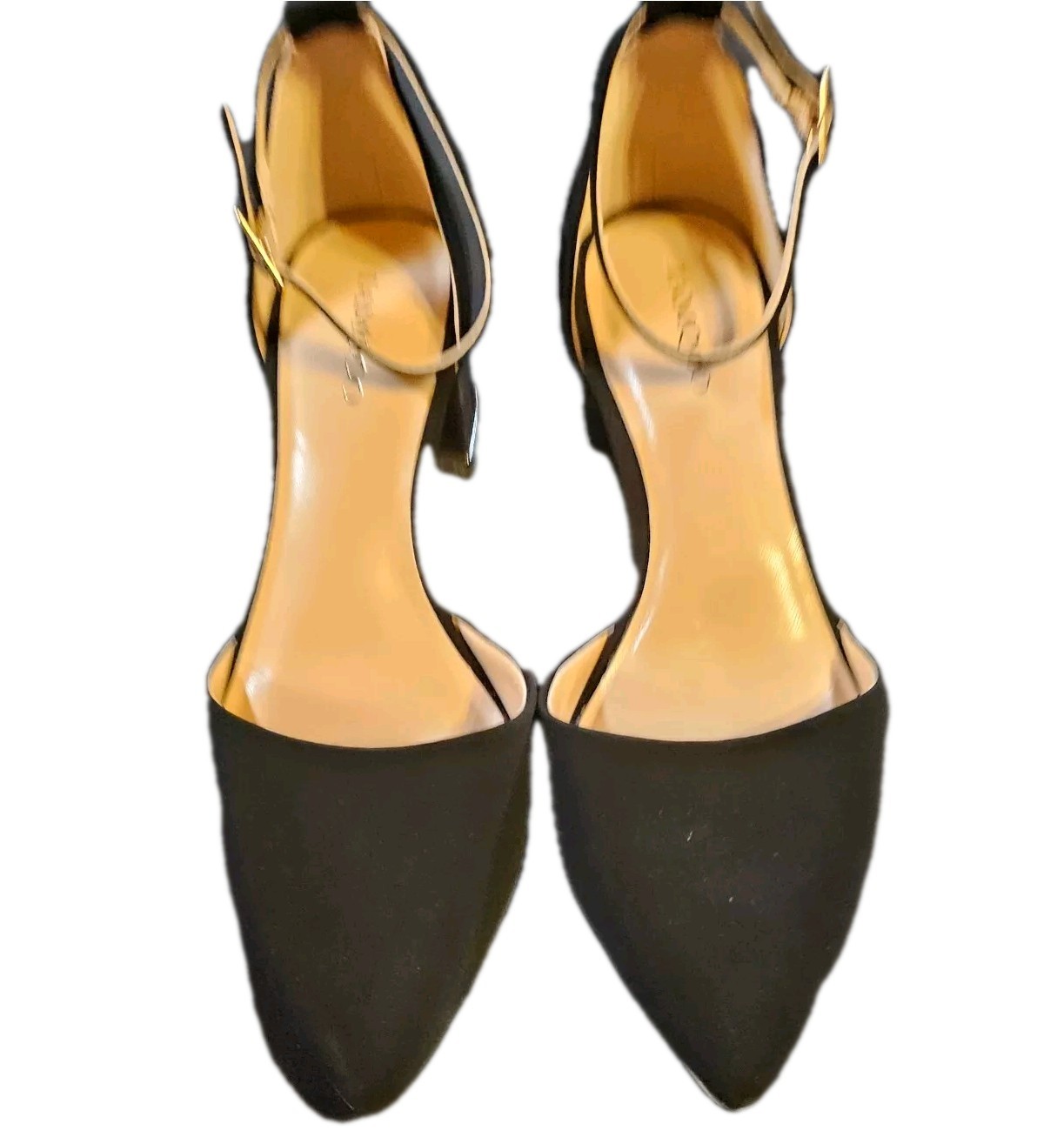 Womens SZ 8.5 black Velvet Chunky Pointed Toe Gold Accents Party/Cocktail,Career