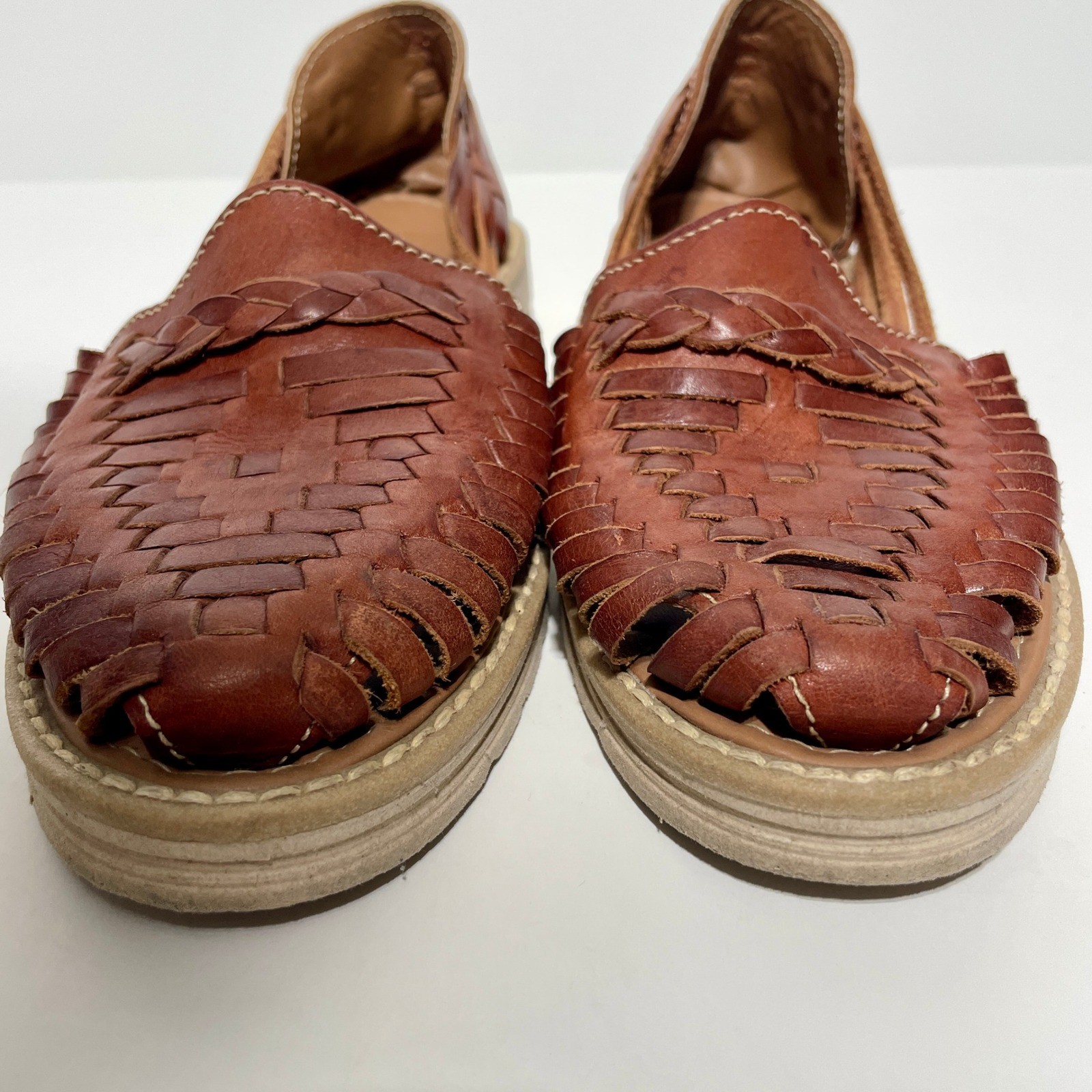 Authentic Mexico Brown Woven Leather Huarache Platform Sandals Womens 7 Mexican