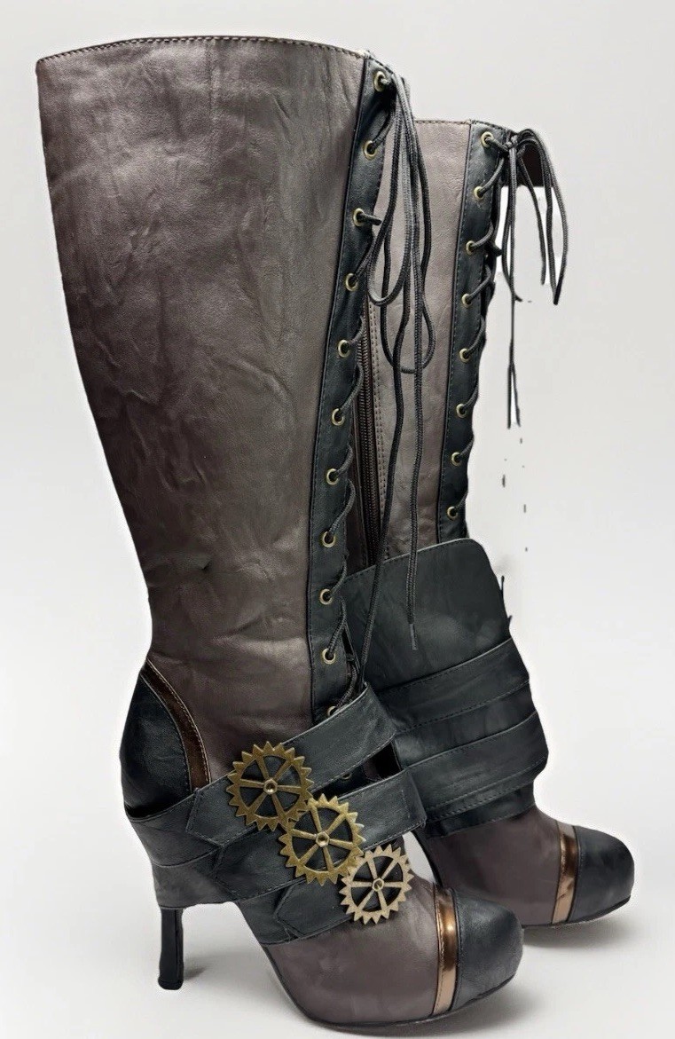 Sexy Steampunk Ren Fair Cosplay Knee High 4″ Stiletto Heel Boots Gears Sz 7