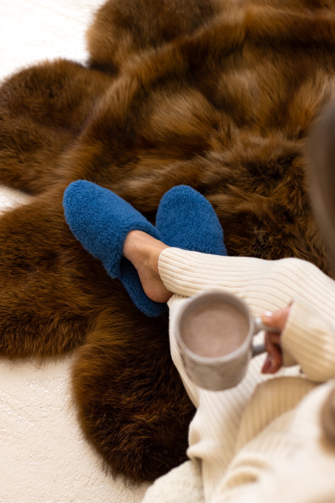 Blue Sheepskin Fur Slippers for Women, Genuine Fur Home Shoes, Gift for women