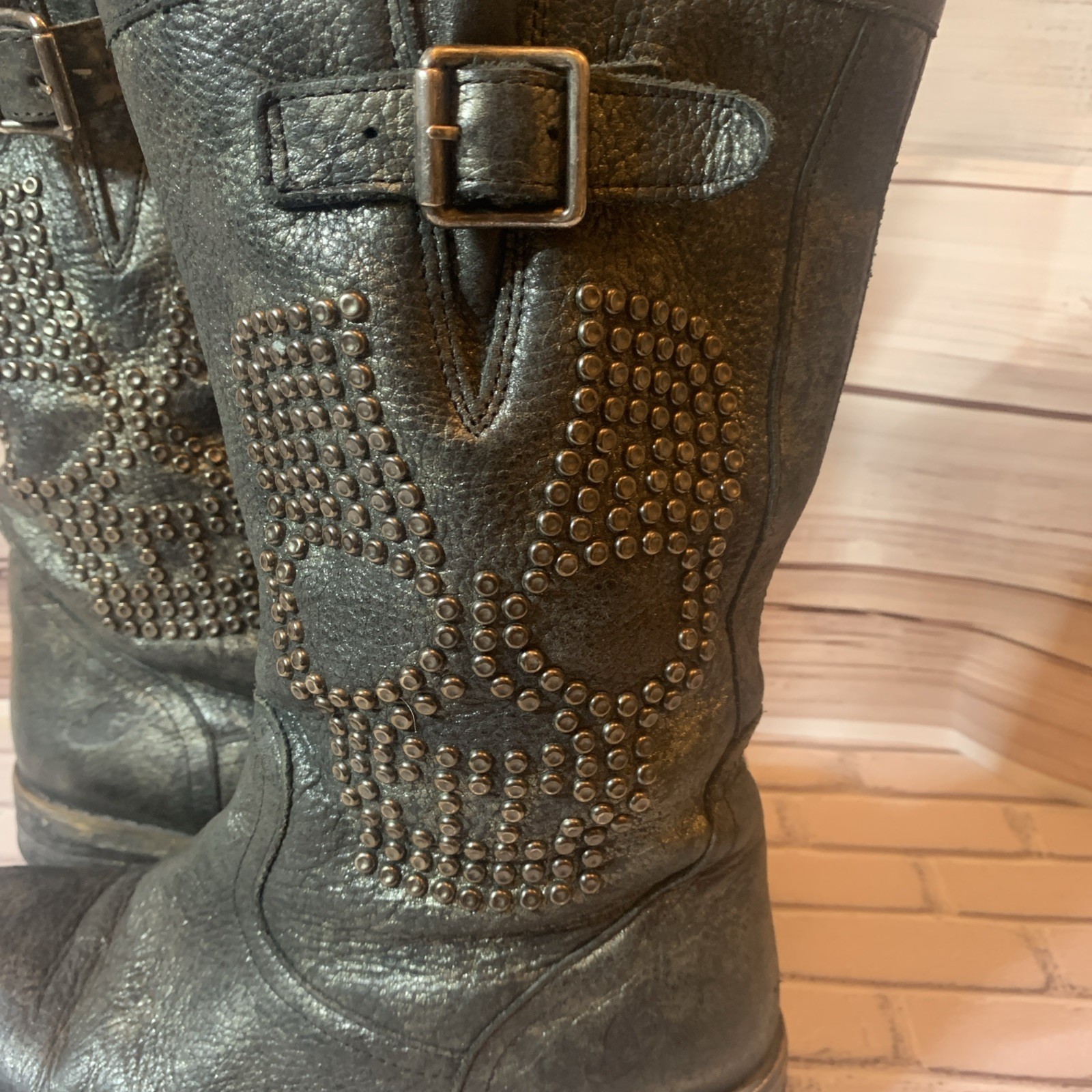Felmini Black/Gray Distressed Riding Moto Boots Grunge (Skull) Size 8