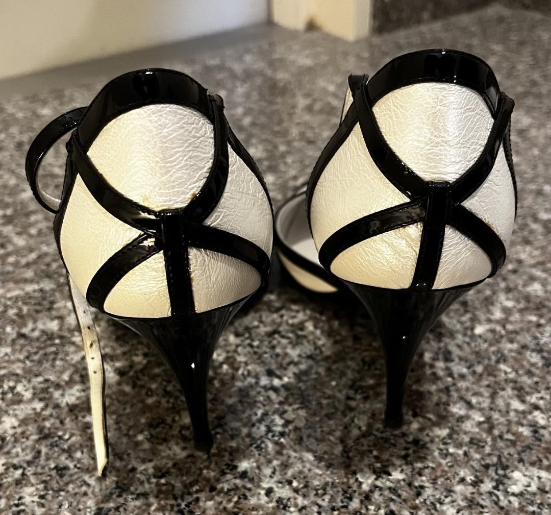CHANEL Pearl Coco Mark Pumps Ribbon Patent Leather Black White Women EU37.5/US7