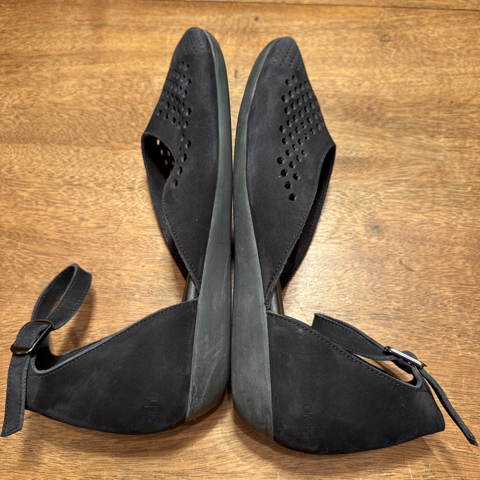 ARCHE Black Cut Out Leather Micro Suede Flats Ankle Strap France EU 42 US 10