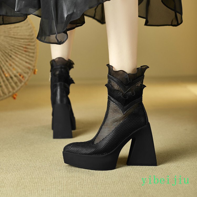 Women’s Ruffle Platform High Heel Fishnet Mesh Ankle Boots Lace Shoes Breathable