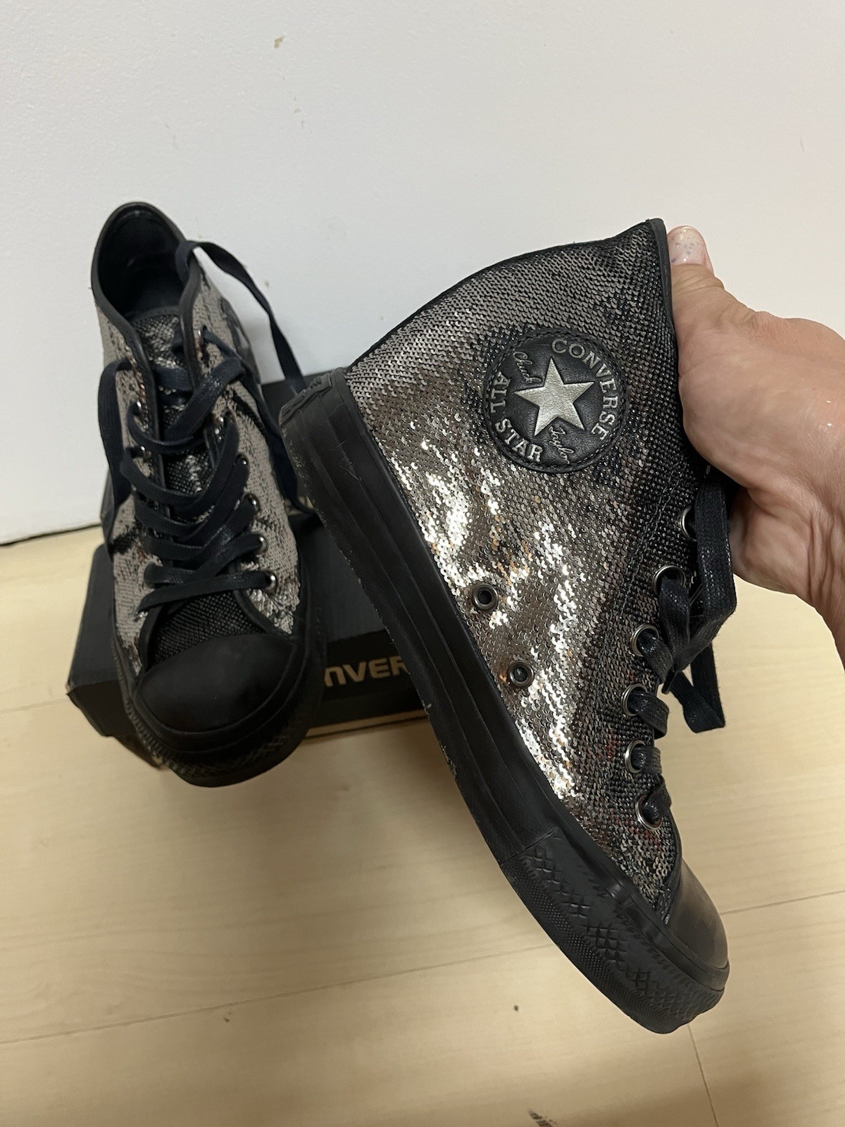 Converse Chuck Taylor High-Top Wedge Sneaker SEQUINS black silver Prom W8.5