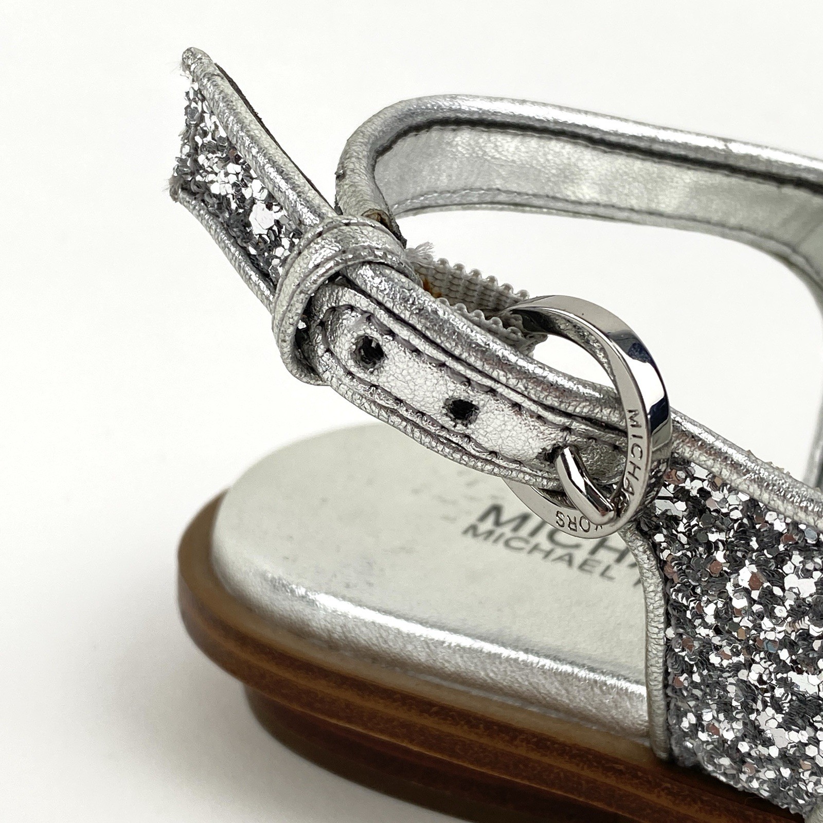 Michael Kors MK Plate Silver Glitter Thong Ankle Strap Sandals Women’s Size 6.5M