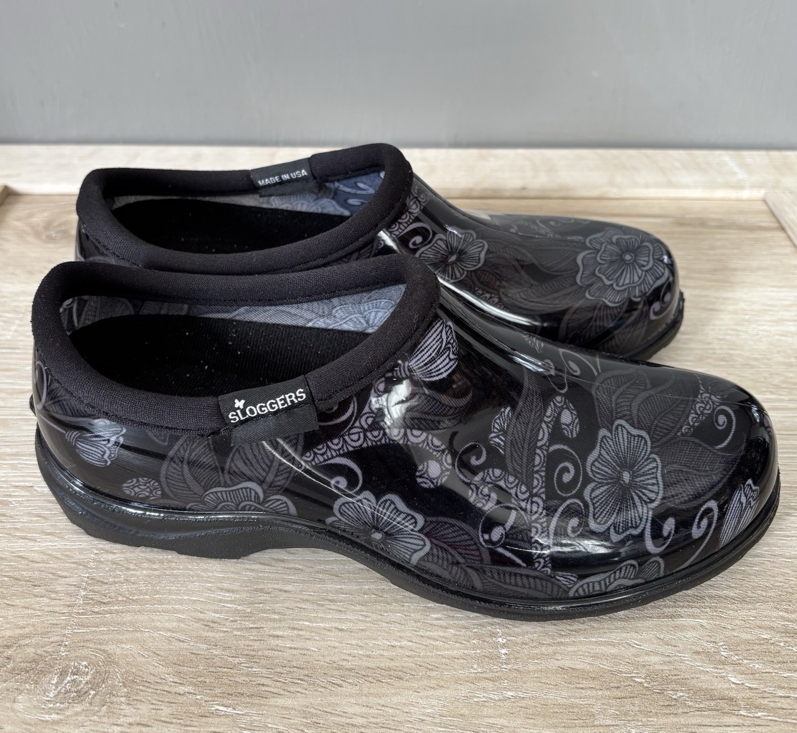 Women’s 6 Sloggers Black Boho Floral Slip On Clog Garden Rain Farm