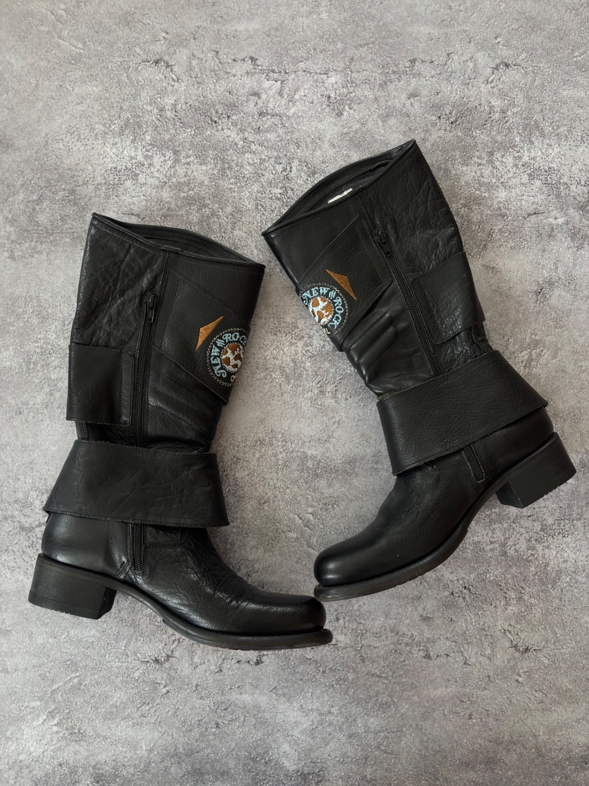 Vintage Biker Engineer Boots Black Leather Made in Spain Buckle Moto Punk Grunge