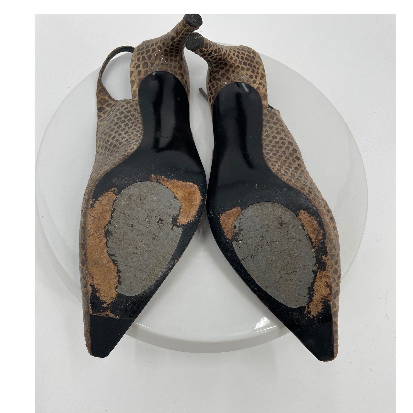 Stuart Weitzman Slingback Pumps Womens 8.5 Brown Leather Snakeskin Pointed Heel