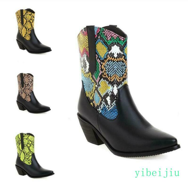 Serpentine Snakeskin Pattern Womens Ankle Boot Shoes Patchwork Mid Heel Cowgirl