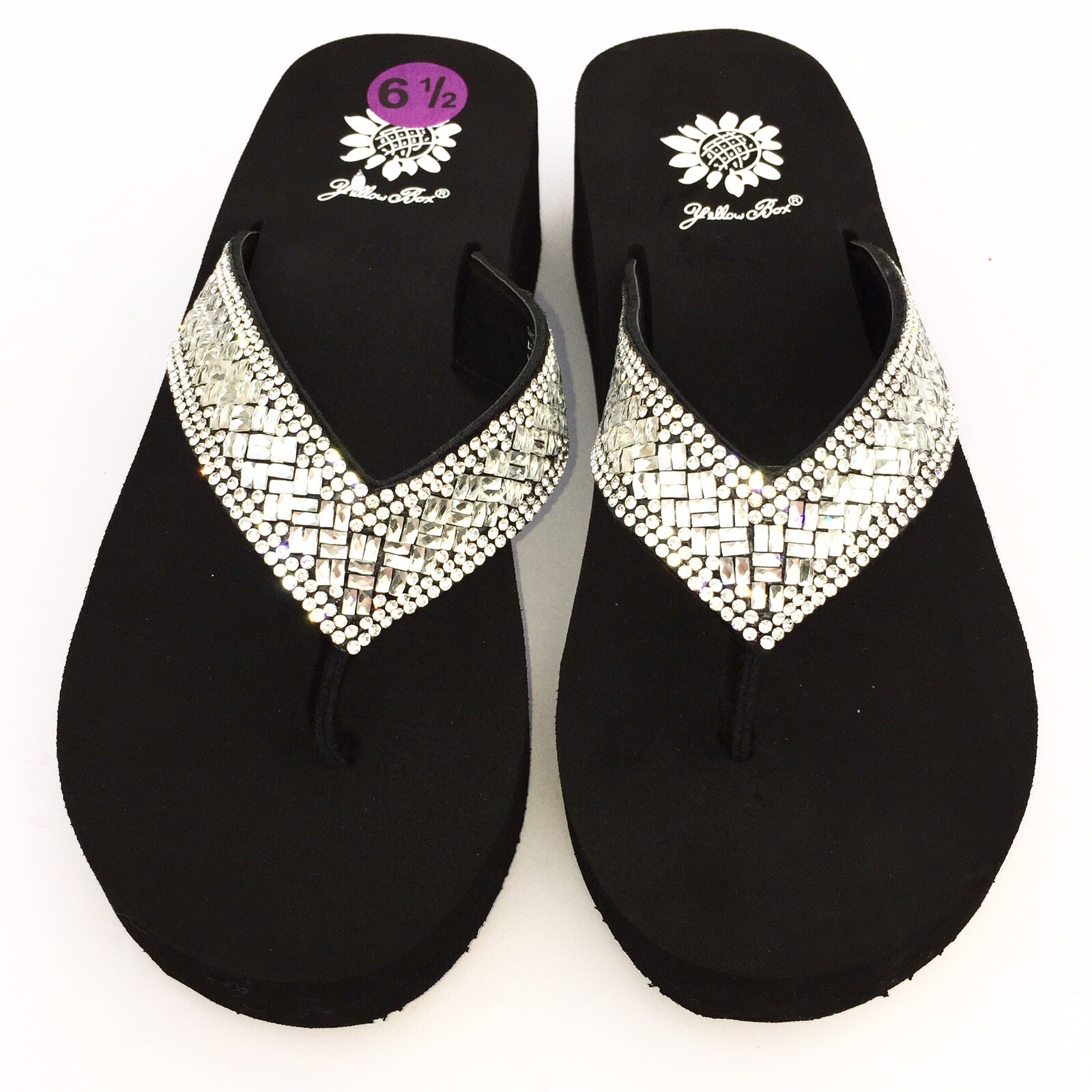 Yellow Box Flip Flops Sydnee Sparkle Clear Rhinestone Basketweave Wedge Sandals