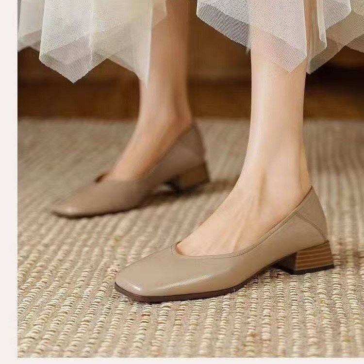 Men’s Square Toe Leather Low Chunky Heels Office Dress Pumps Party Shoes Pull On