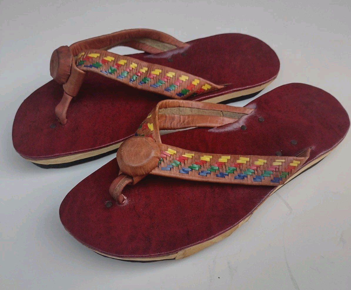VTG 70s Handmade Indian Leather Sandals Boho Festival Woven Artisan Flip Flops 9