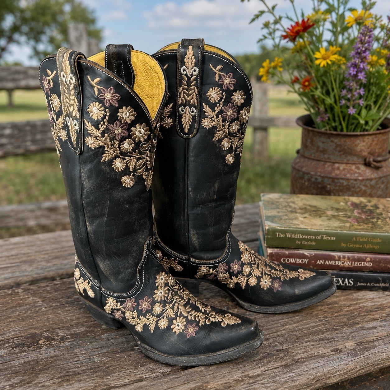 Cavender’s Women Sz 7.5 B Black Floral Embroidered Pointed Toe Cowboy Boots