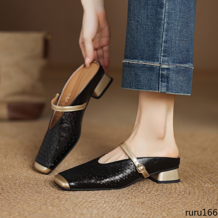 Womens Vintage Mary Jane Mules Square Toe buckle strap Cut Out Flats Daily Shoes
