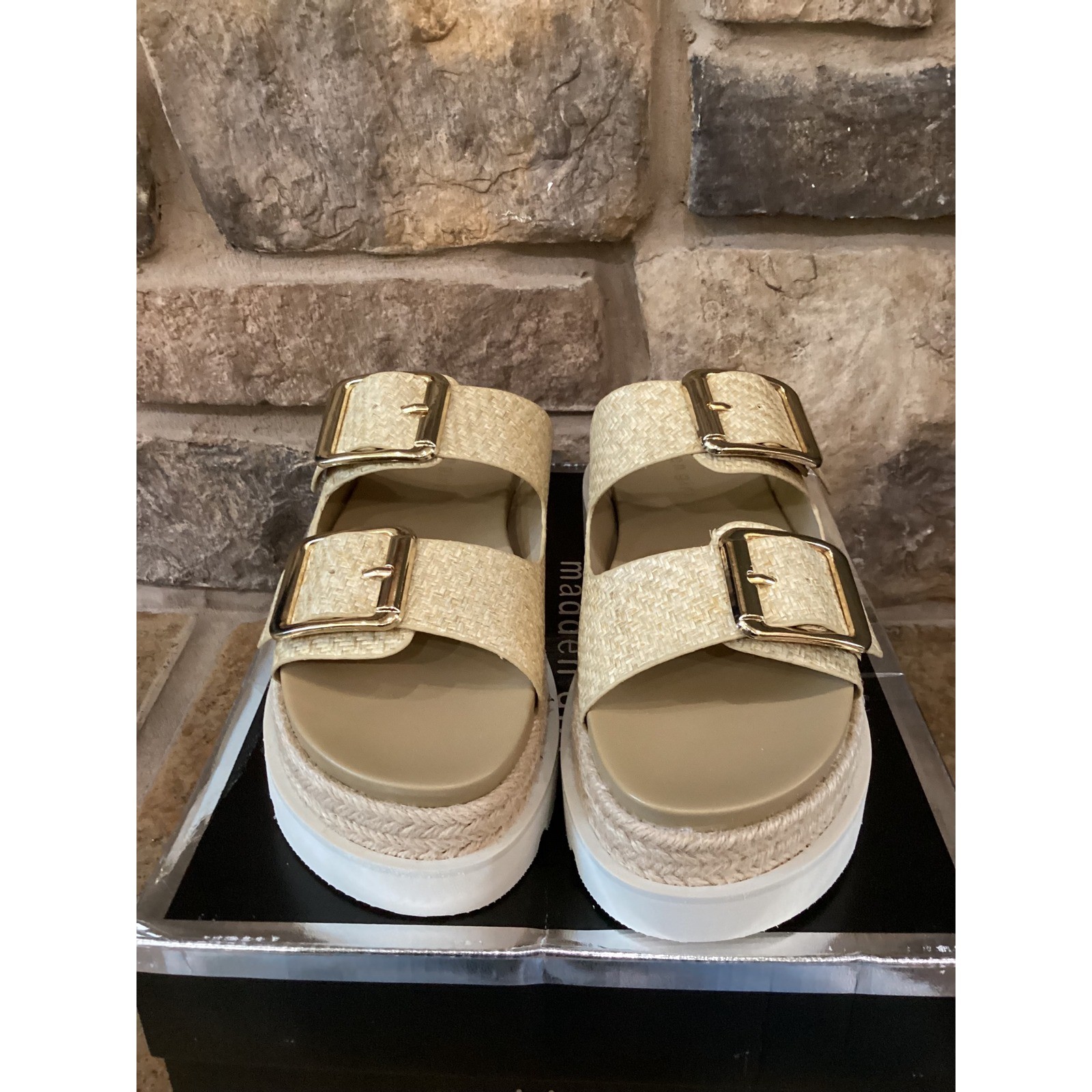 Madden Girl Mythicall Nat Raffia Platform Sandals Gold Buckle Slides Womens 7