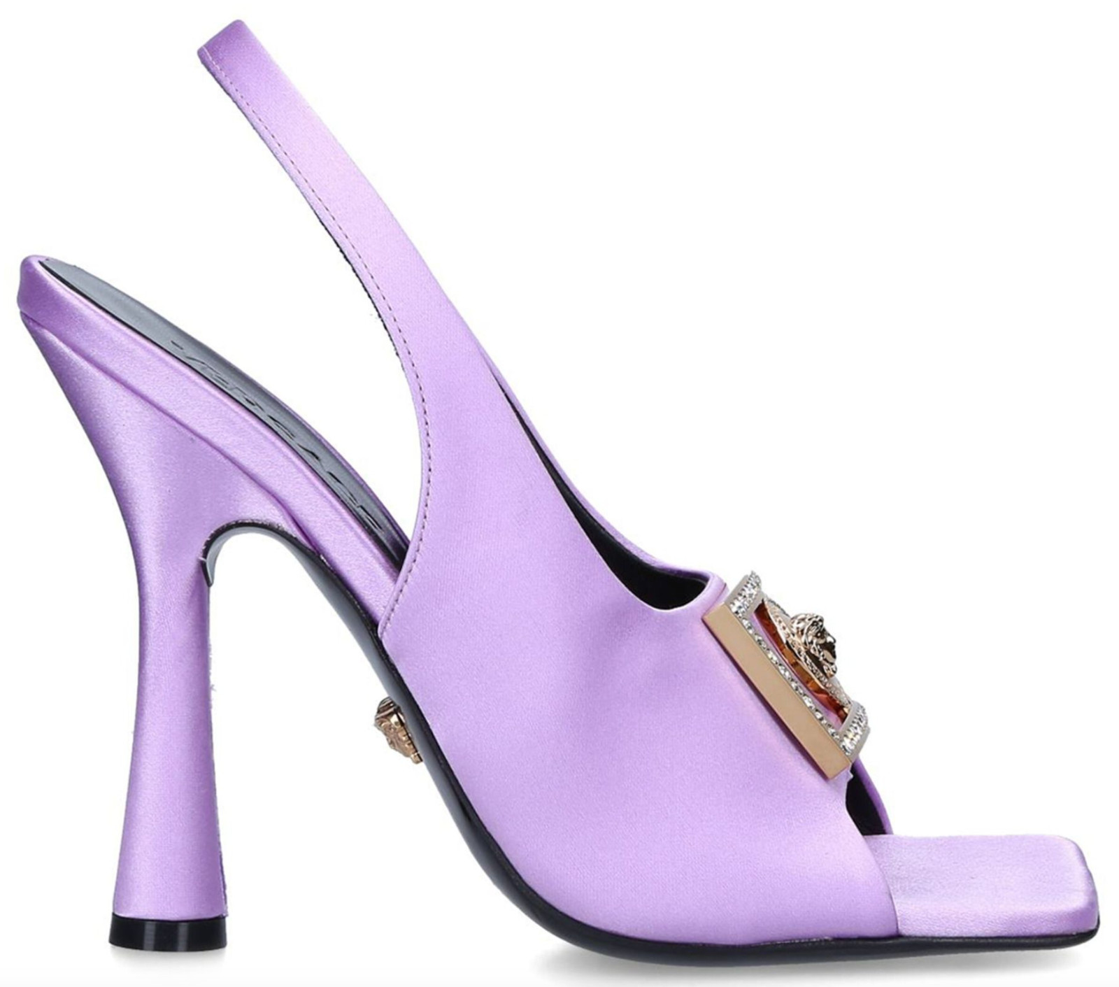 NIB Versace Tribute Medusa Logo Crystal Satin Open Toe Slingback Pumps 37.5 7.5