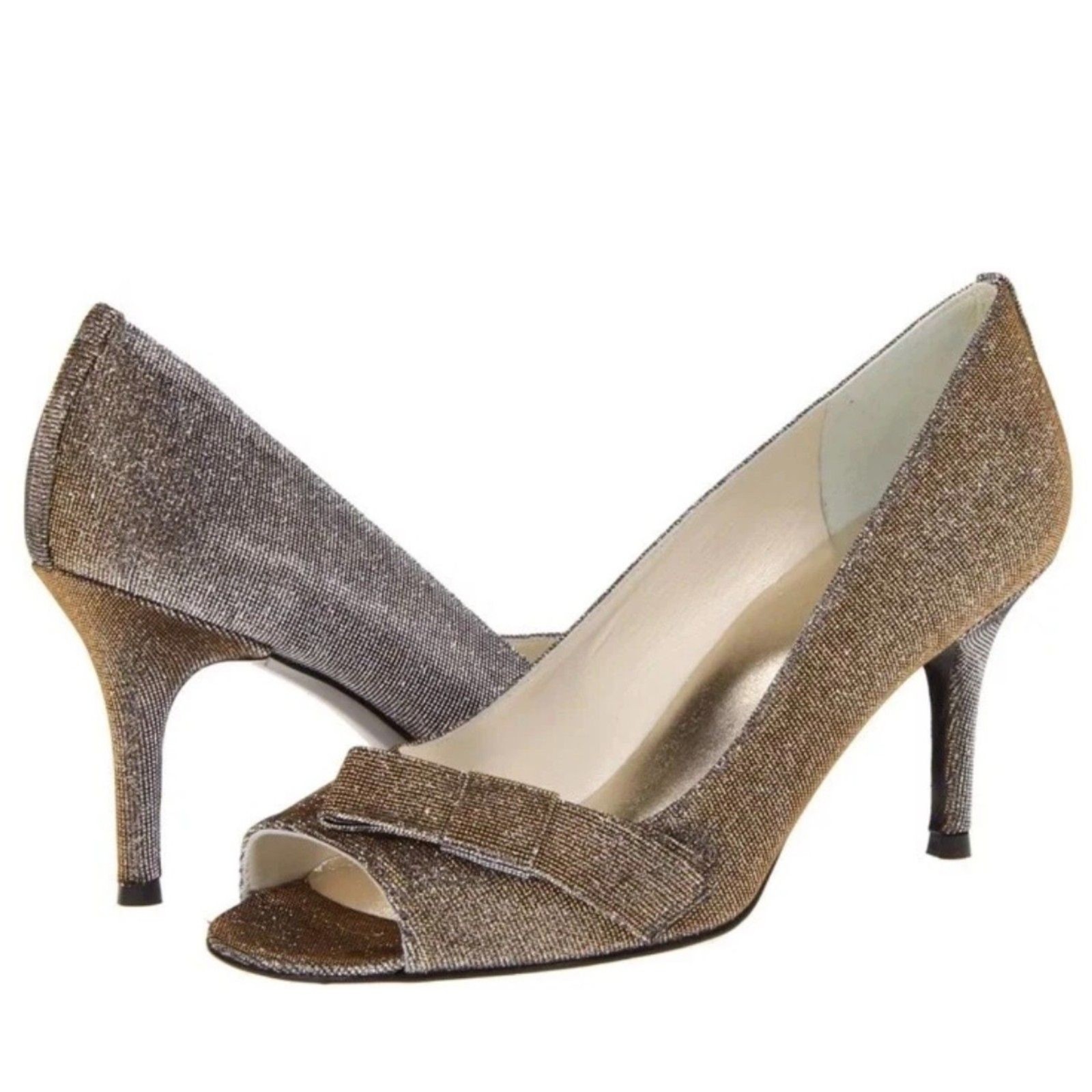 Stuart Weitzman Metallic Glitter «Bowover» Peep Toe Pump 7N EUC $398