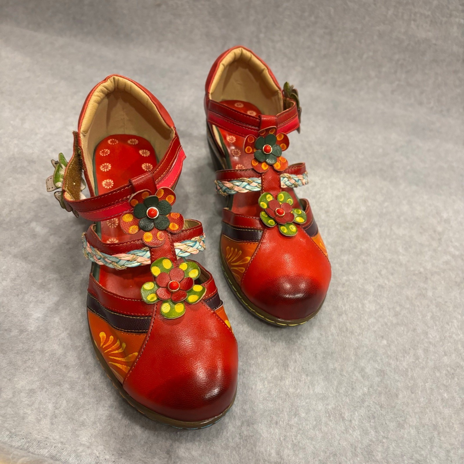 Retro Hippie Boho Sandal Riutiru Womens Size 6- 6.5 Multicolor Handmade Lambskin