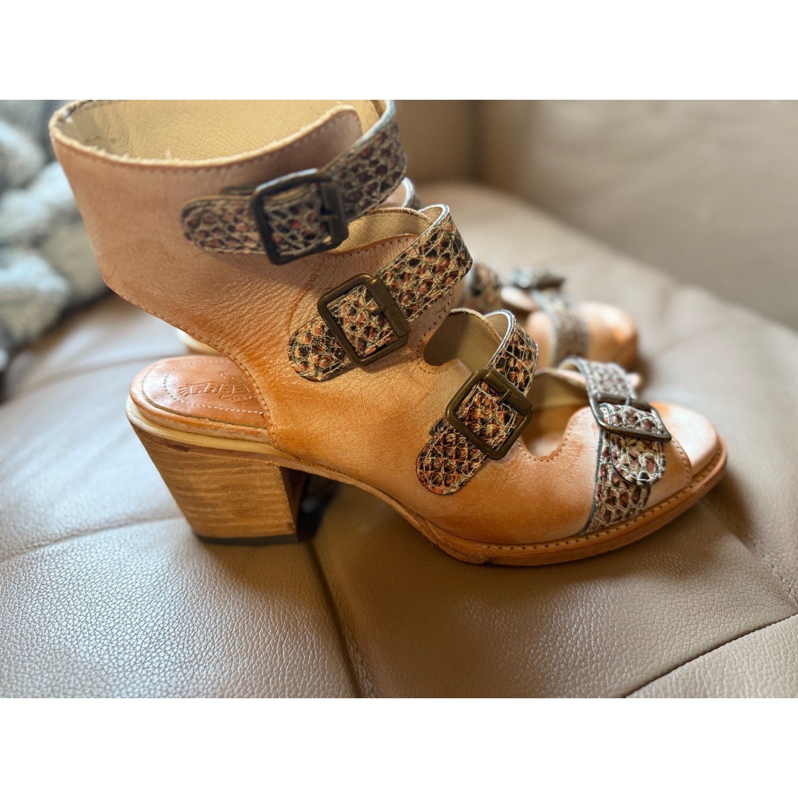 Freebird by Steven Quail Tan Leather Snakeskin Gladiator Buckle Sandals Size 11