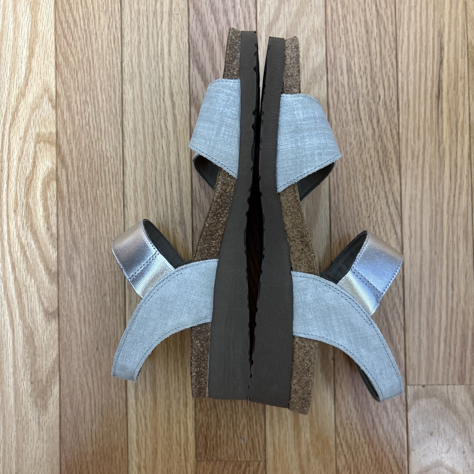 Naot Emily Sandals in Gray Linen Leather Cork & Latex Footbed – Size 41 L10