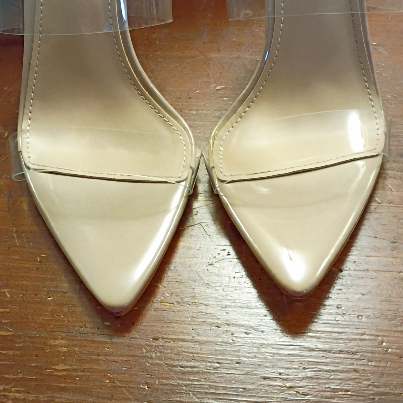 Viviany Beige Clear Transparent Strap Stiletto Mule Pointed Toe Heels Size 9