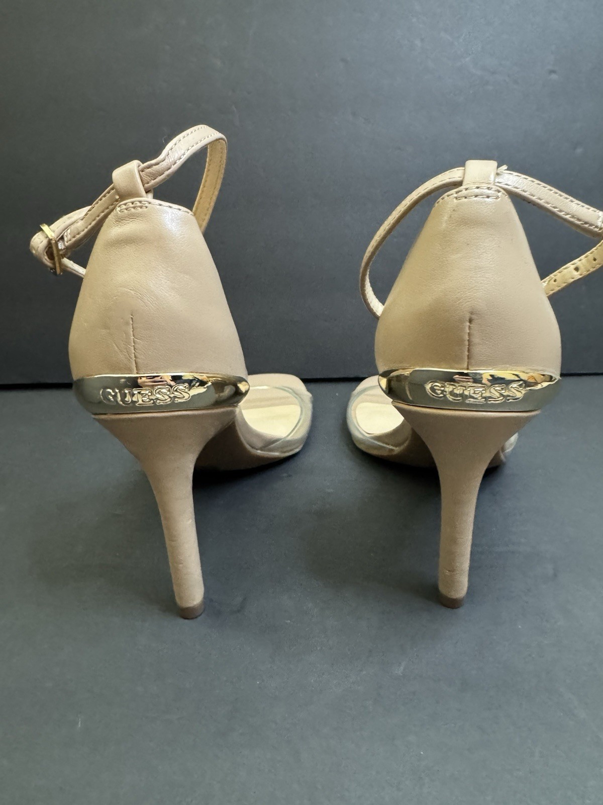 GUESS Women’s Nude Clear Strap Heels Size 6 Ankle Strap Sandals Square Toe