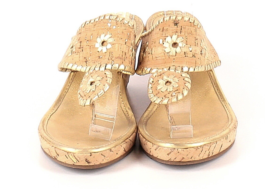 JACK ROGERS Marbella Gold Leather Cork Wedge Style Sandals 2.5in Heel 9.5 NICE~!