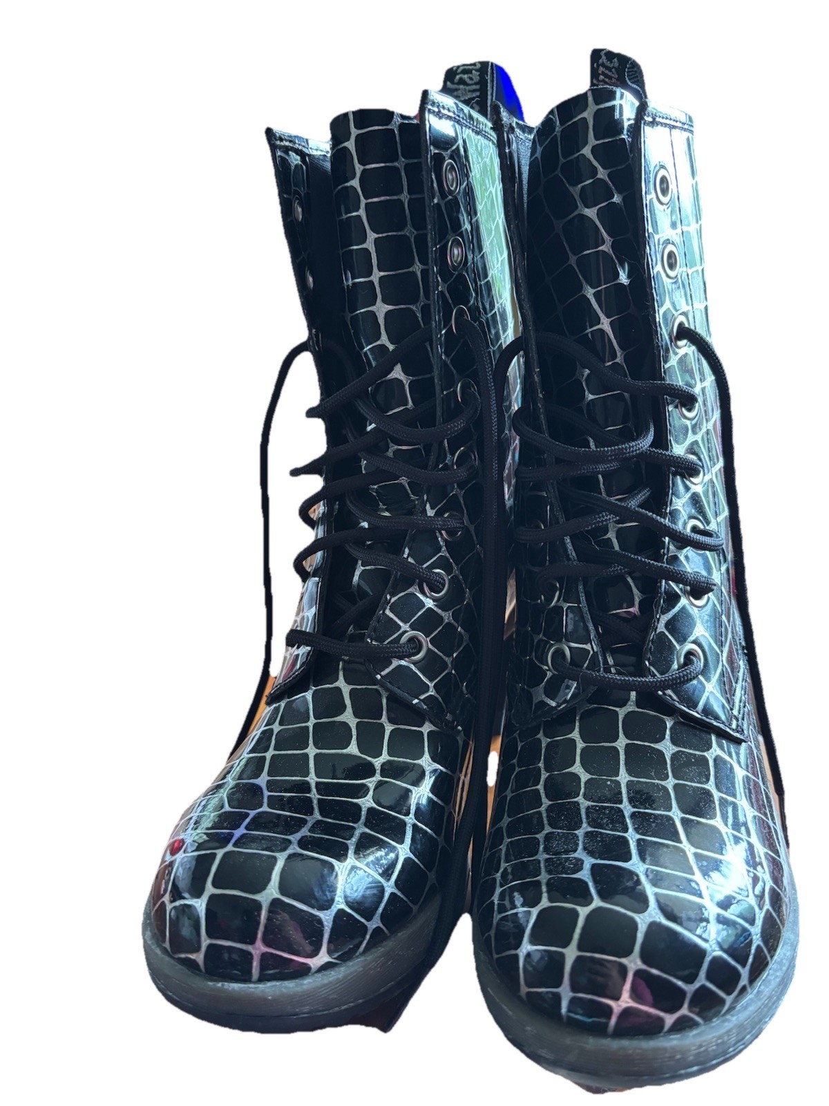 Dr Martens Darcie Diva court tartan black silver patent leather boots Size 7