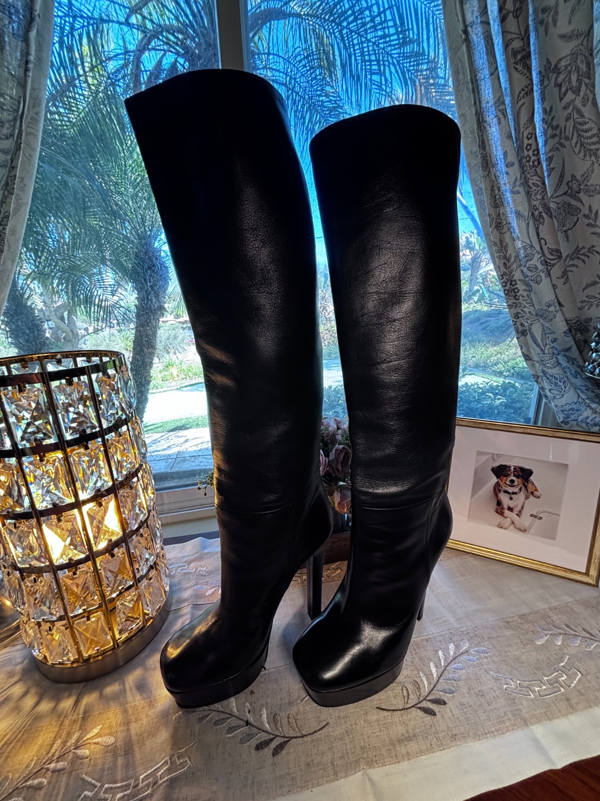Authentic Gucci Black Leather Knee High Platform Boots Size 39.5 Italy High Heel