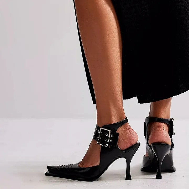 FSJ Stylish Black Grommets Strap Pointed Toe Heels with Buckle FSJ202503025-3