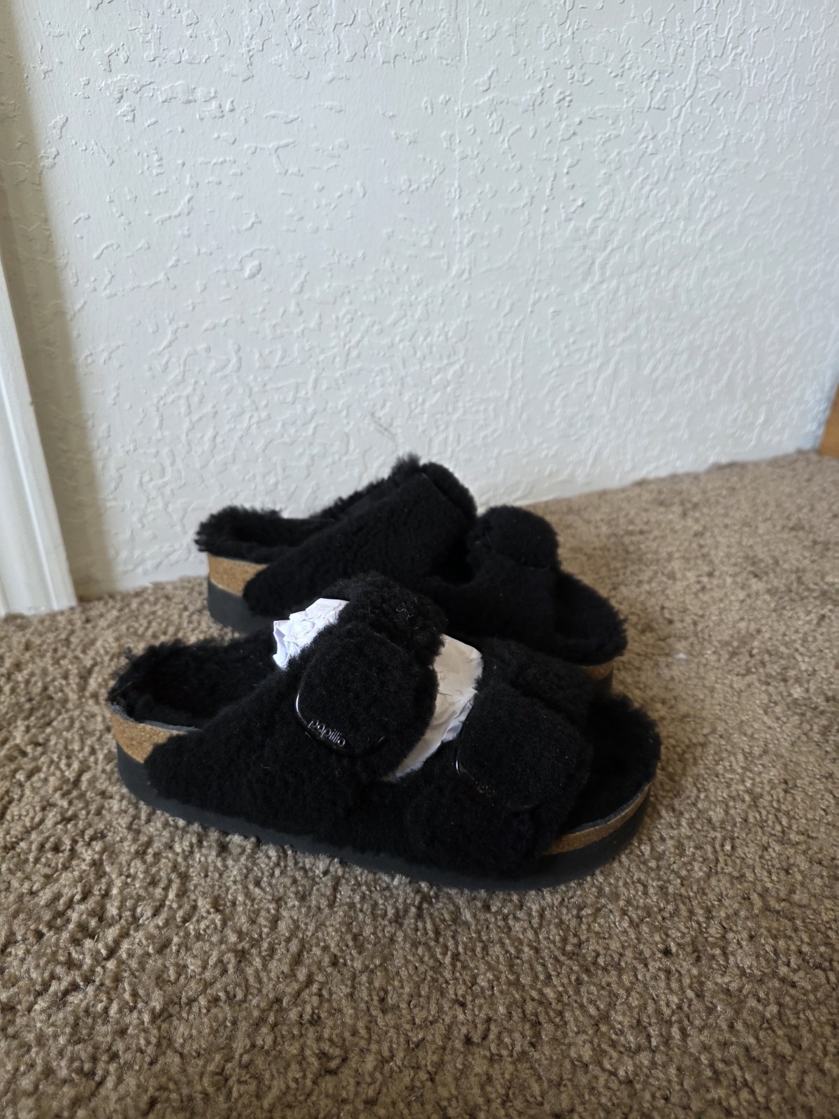 Birkenstock Papillio Arizona Teddy Shearling Fur Platform Sandals Black