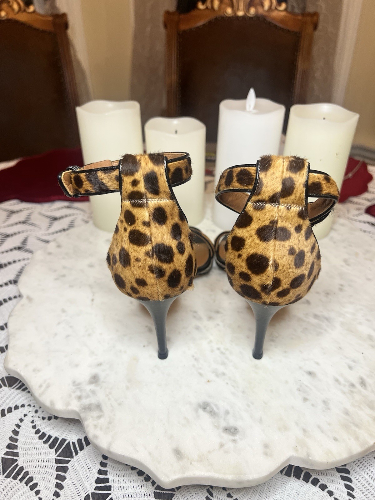 Givenchy Nadia Sandals Leopard Print Calf Hair Size 8Ankle Strap Heels