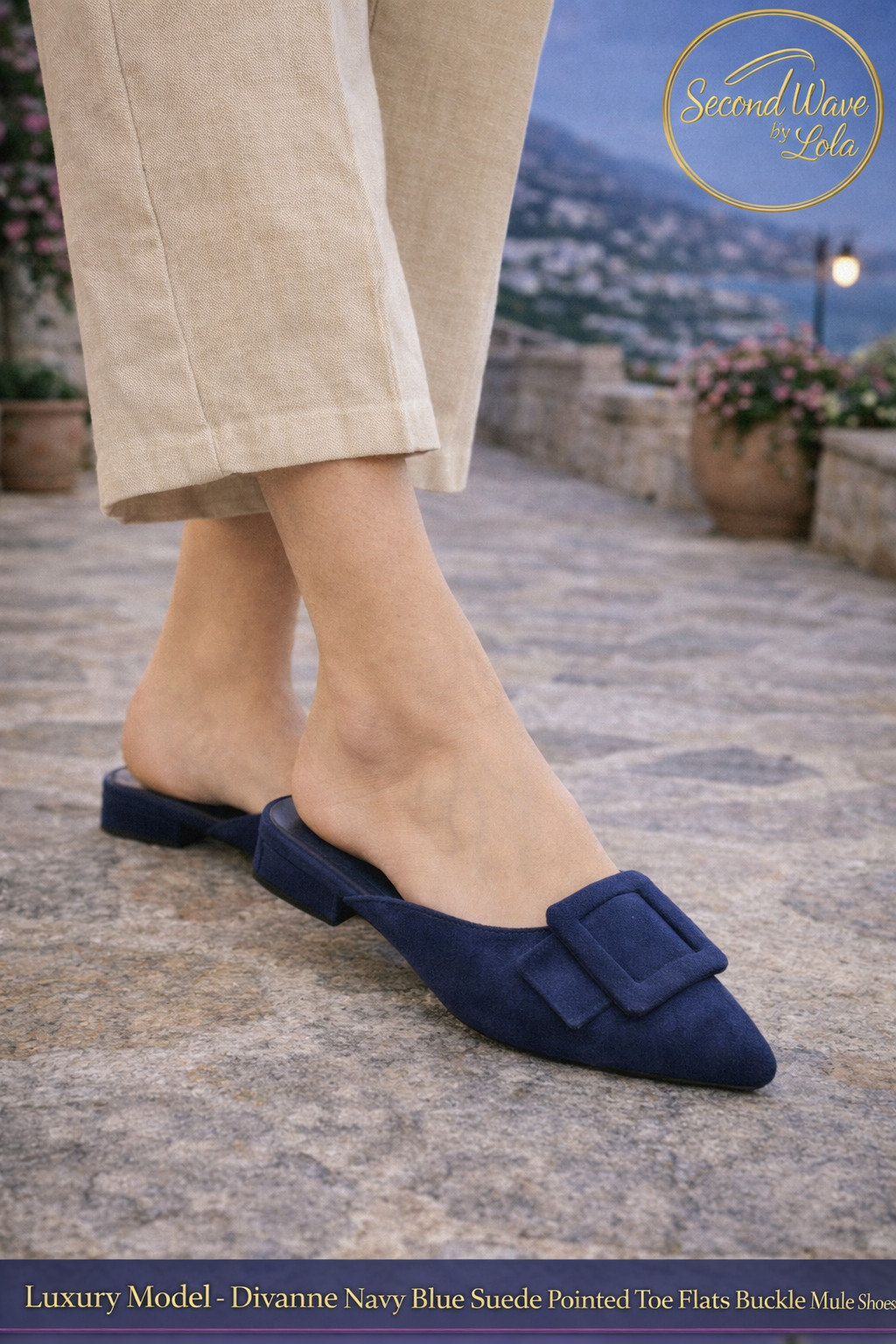 Divanne Navy Blue Suede Pointed Toe Flats Buckle Mule Shoes Women Size 8