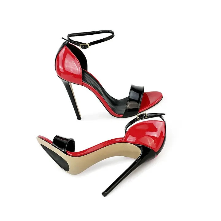 Red and Black Patent Leather Ankle Strap Heeled Sandals ws1913095