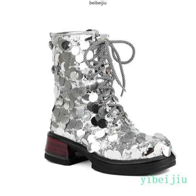 Bling Bling Sequins Ankle Boots Low Cuban Heel Round Toe Women’s Lace Up Shoes
